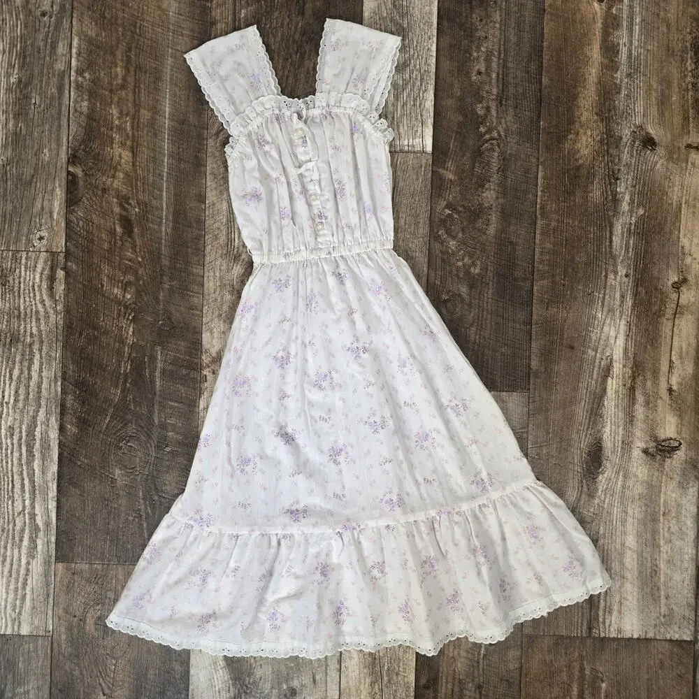 Vintage Girls Floral Prairie Midi Dress Eyelet Cottagecore Lavender Lace Size 7
